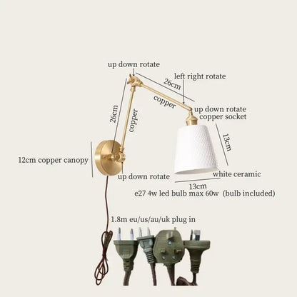 Nordic gold ceramic led wall lamp bedroom with ribbed glass shade