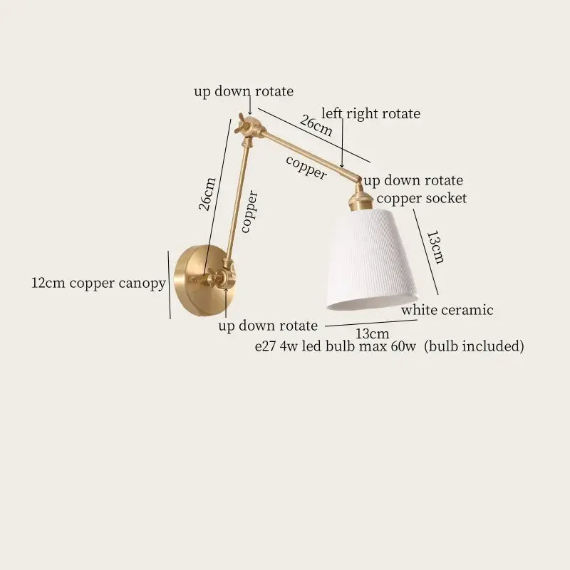 Nordic gold ceramic led wall lamp bedroom with ribbed glass shade
