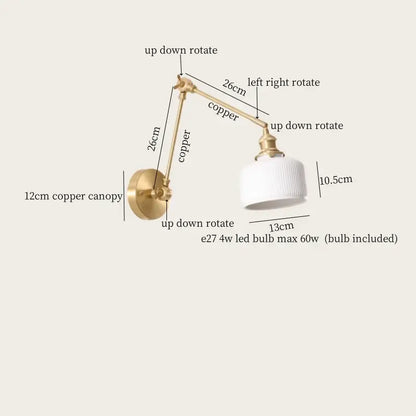 Nordic gold ceramic led wall lamp bedroom with ribbed glass shade