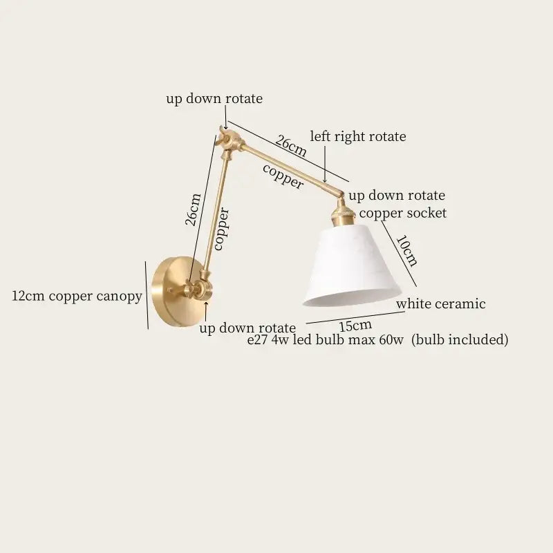 Nordic gold ceramic led wall lamp bedroom with ribbed glass shade