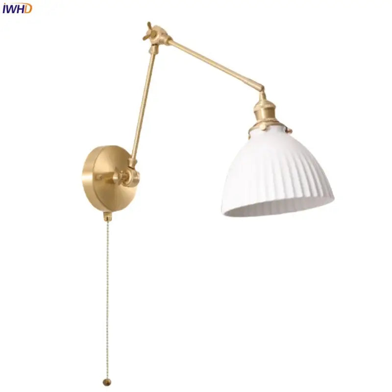 Nordic gold ceramic led wall lamp bedroom with ribbed glass shade
