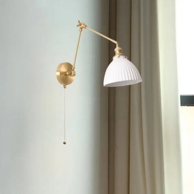 Nordic gold ceramic led wall lamp bedroom with ribbed glass shade