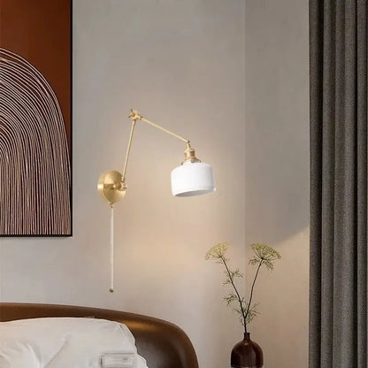Nordic gold ceramic led wall lamp bedroom with ribbed glass shade