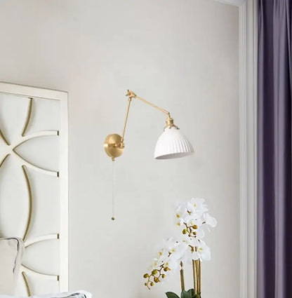 Nordic gold ceramic led wall lamp bedroom with ribbed glass shade