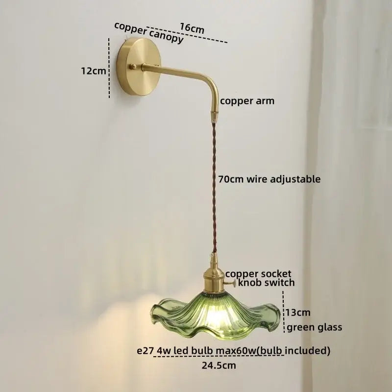 Nordic gold etched glass wall sconce lamp bedroom braided cord