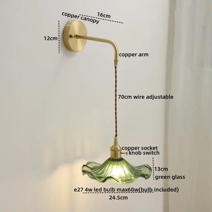 Nordic gold etched glass wall sconce lamp bedroom braided cord