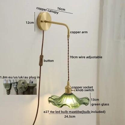 Nordic gold etched glass wall sconce lamp bedroom braided cord