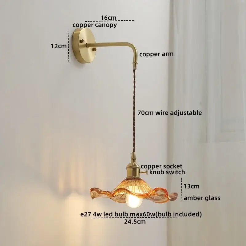 Nordic gold etched glass wall sconce lamp bedroom braided cord