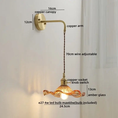 Nordic gold etched glass wall sconce lamp bedroom braided cord