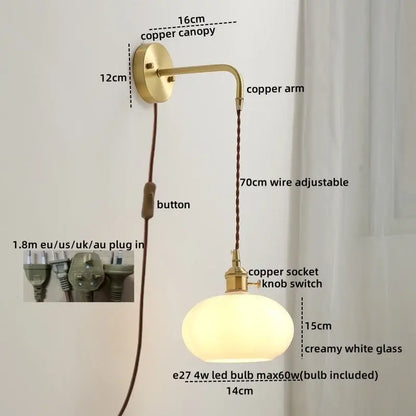 Nordic gold etched glass wall sconce lamp bedroom braided cord
