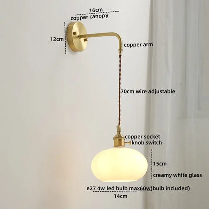 Nordic gold etched glass wall sconce lamp bedroom braided cord