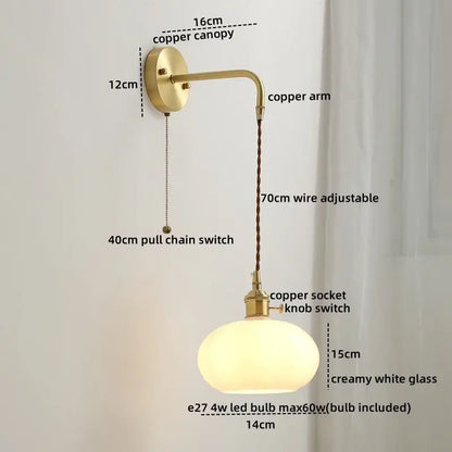 Nordic gold etched glass wall sconce lamp bedroom braided cord