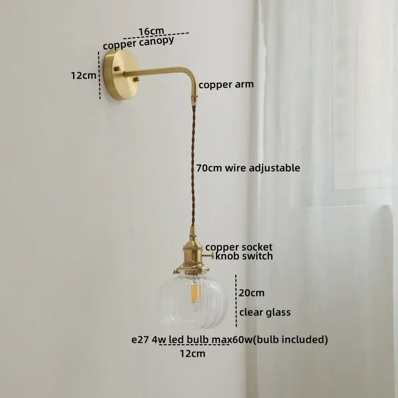 Nordic gold etched glass wall sconce lamp bedroom braided cord