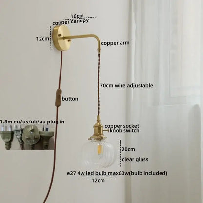 Nordic gold etched glass wall sconce lamp bedroom braided cord
