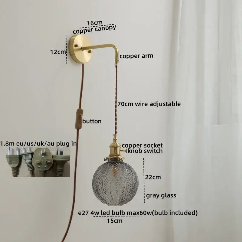 Nordic gold etched glass wall sconce lamp bedroom braided cord