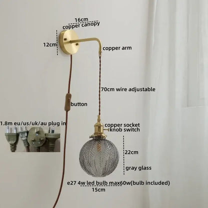 Nordic gold etched glass wall sconce lamp bedroom braided cord