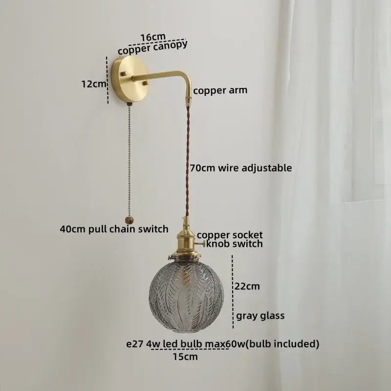 Nordic gold etched glass wall sconce lamp bedroom braided cord