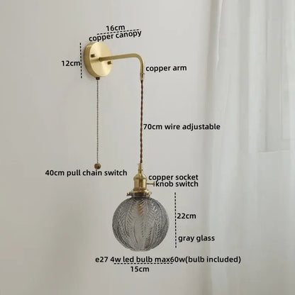 Nordic gold etched glass wall sconce lamp bedroom braided cord