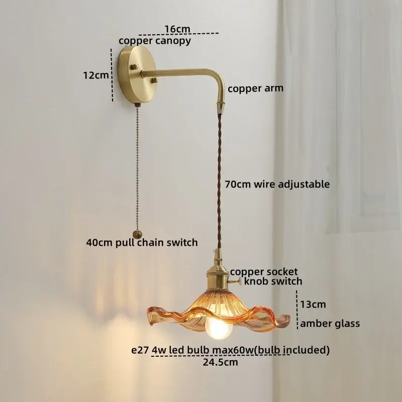 Nordic gold etched glass wall sconce lamp bedroom braided cord