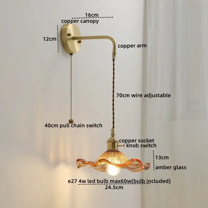 Nordic gold etched glass wall sconce lamp bedroom braided cord