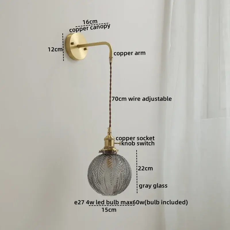 Nordic gold etched glass wall sconce lamp bedroom braided cord