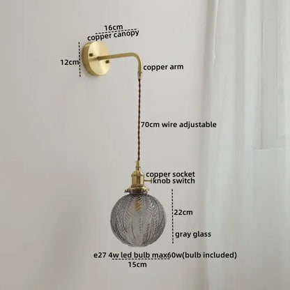 Nordic gold etched glass wall sconce lamp bedroom braided cord