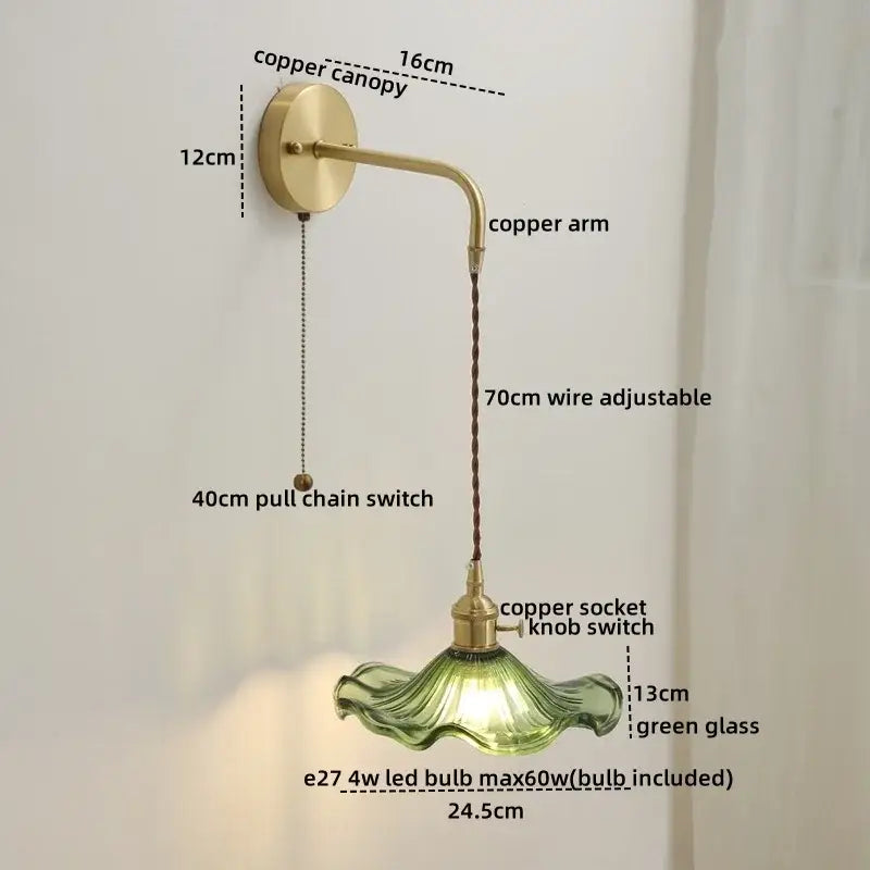 Nordic gold etched glass wall sconce lamp bedroom braided cord