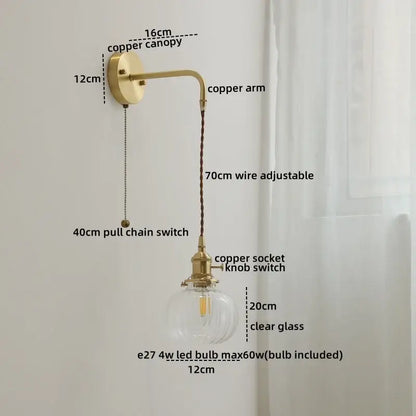 Nordic gold etched glass wall sconce lamp bedroom braided cord