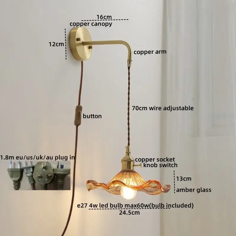 Nordic gold etched glass wall sconce lamp bedroom braided cord