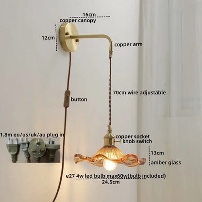 Nordic gold etched glass wall sconce lamp bedroom braided cord
