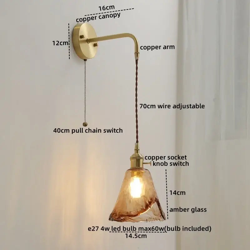 Nordic gold etched glass wall sconce lamp bedroom braided cord