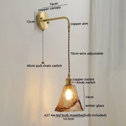 Nordic gold etched glass wall sconce lamp bedroom braided cord