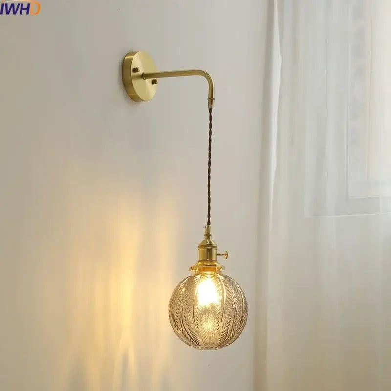 Nordic gold etched glass wall sconce lamp bedroom braided cord