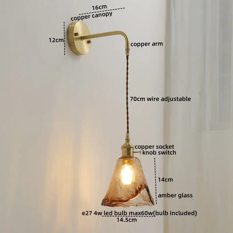 Nordic gold etched glass wall sconce lamp bedroom braided cord