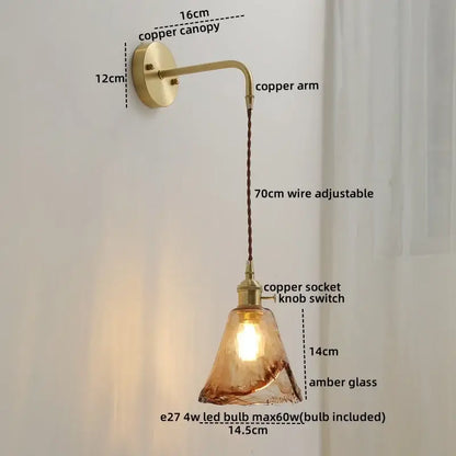 Nordic gold etched glass wall sconce lamp bedroom braided cord