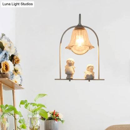 DecorBites™ Nordic Iron Pendant Light with Flower Glass Shade - White Arched Frame, 1 Head, and Resin Angel Deco