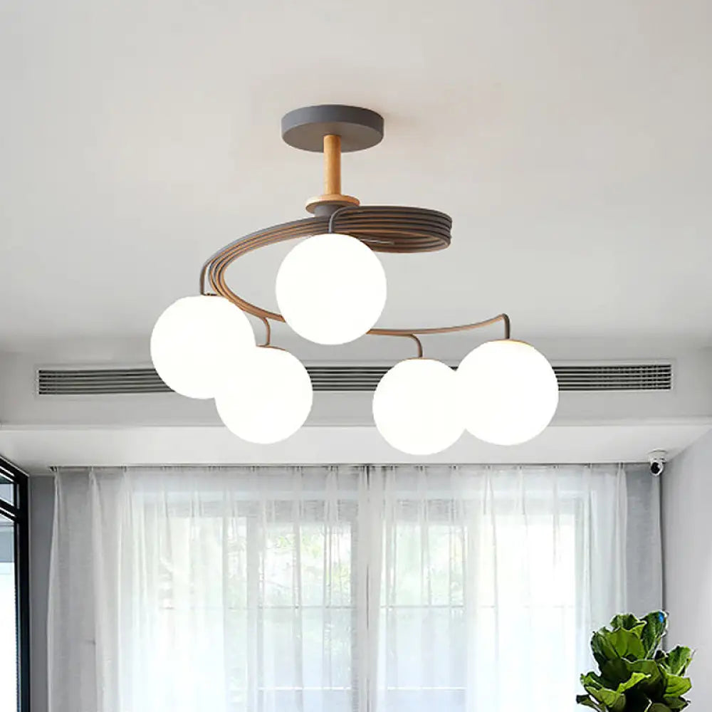 DecorBites™ Nordic Iron Swirl Flush Chandelier with 5 Bulbs, Grey/Green Semi Flush Ceiling Light featuring Orb Glass Shade and Wood Downrod