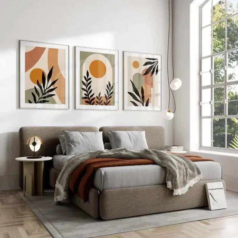 Nordic leaf canvas wall art set for living room earth tones