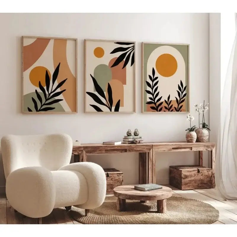 Nordic leaf canvas wall art set for living room earth tones