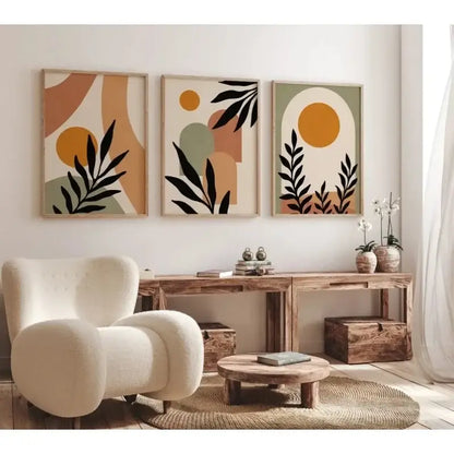 Nordic leaf canvas wall art set for living room earth tones