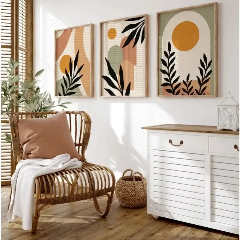 Nordic leaf canvas wall art set for living room earth tones