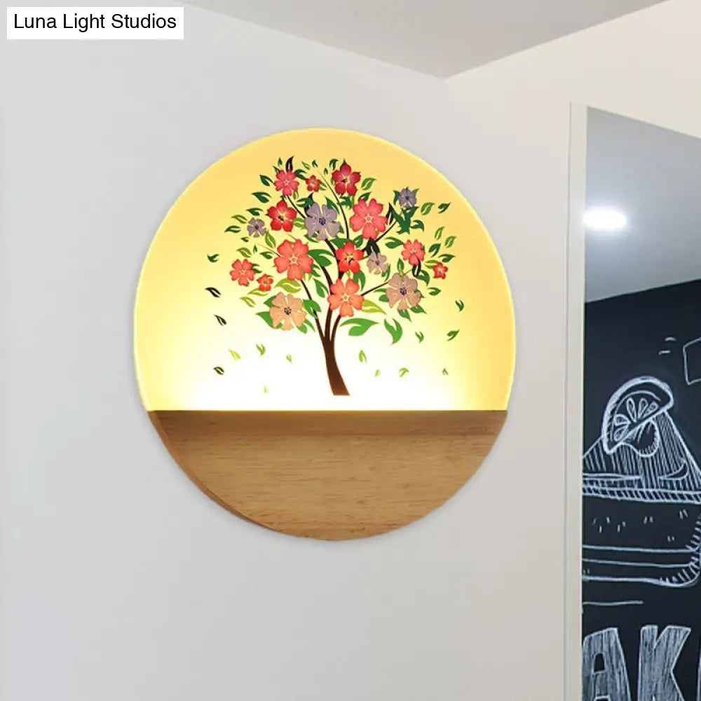 DecorBites™ Nordic LED Wall Light with Wood Tree and Animal/Flowering Tree Print Design, Acrylic Shade Included