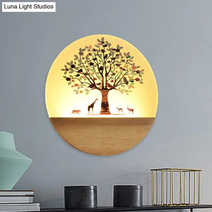 DecorBites™ Nordic LED Wall Light with Wood Tree and Animal/Flowering Tree Print Design, Acrylic Shade Included