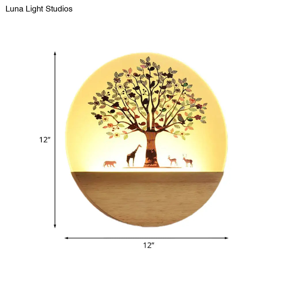 DecorBites™ Nordic LED Wall Light with Wood Tree and Animal/Flowering Tree Print Design, Acrylic Shade Included