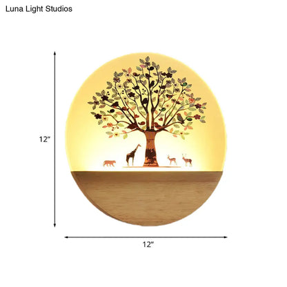DecorBites™ Nordic LED Wall Light with Wood Tree and Animal/Flowering Tree Print Design, Acrylic Shade Included