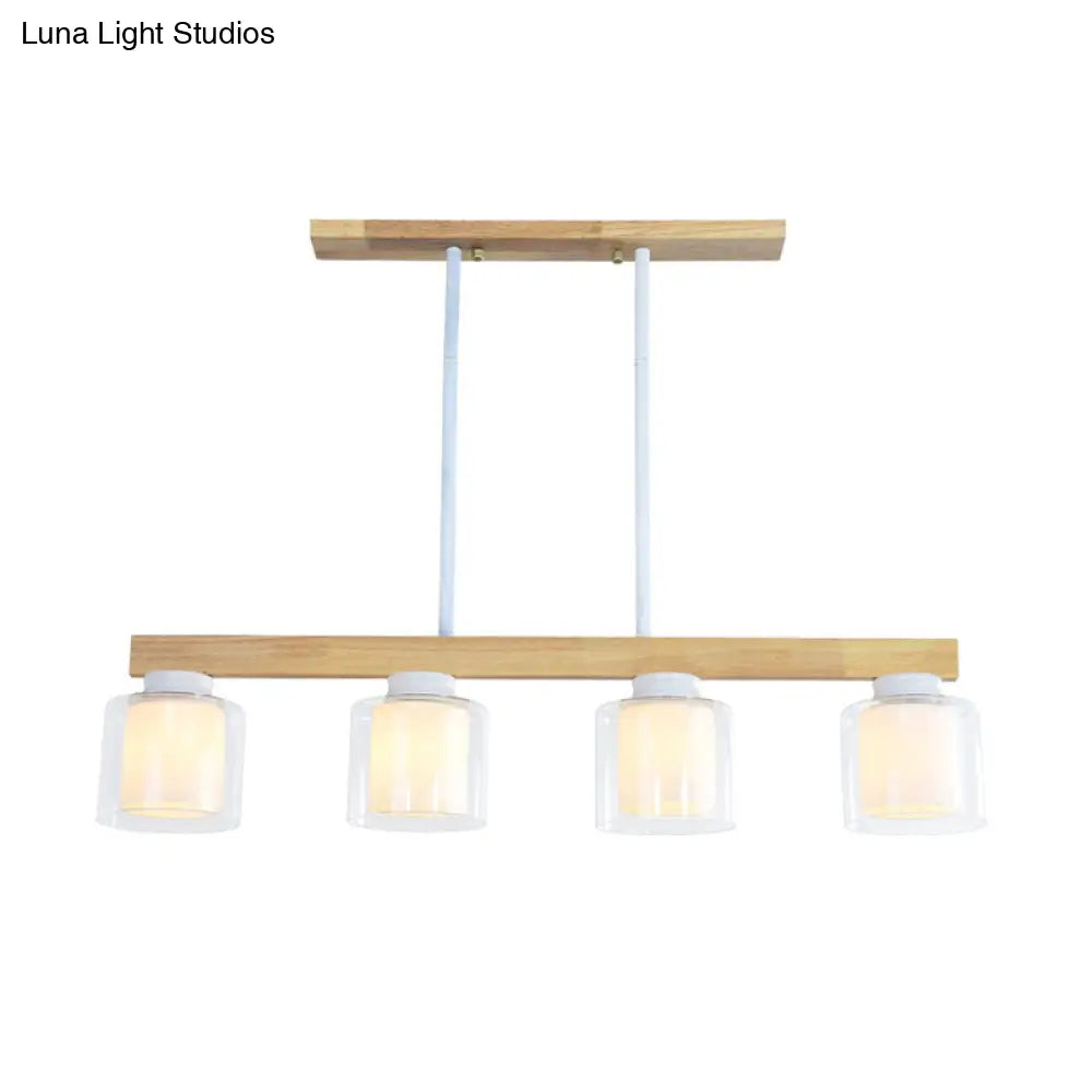 DecorBites™ Nordic Linear Wood Island Light with White Glass Shades - 3/4 Heads - Dining Room Hanging Lamp
