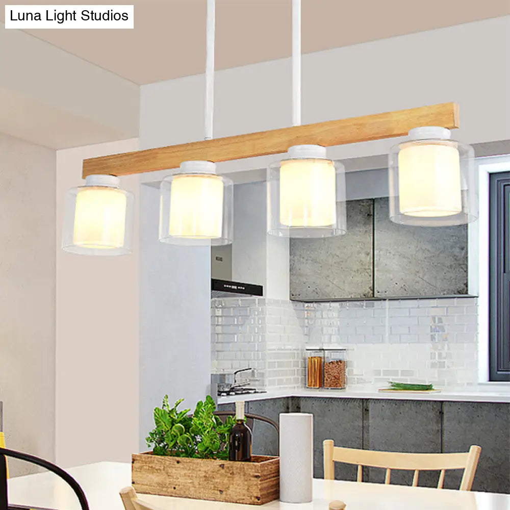 DecorBites™ Nordic Linear Wood Island Light with White Glass Shades - 3/4 Heads - Dining Room Hanging Lamp