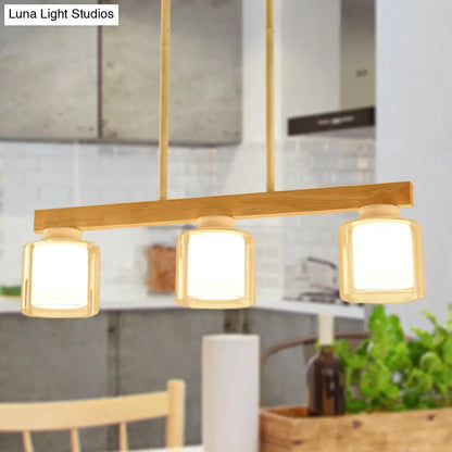 DecorBites™ Nordic Linear Wood Island Light with White Glass Shades - 3/4 Heads - Dining Room Hanging Lamp