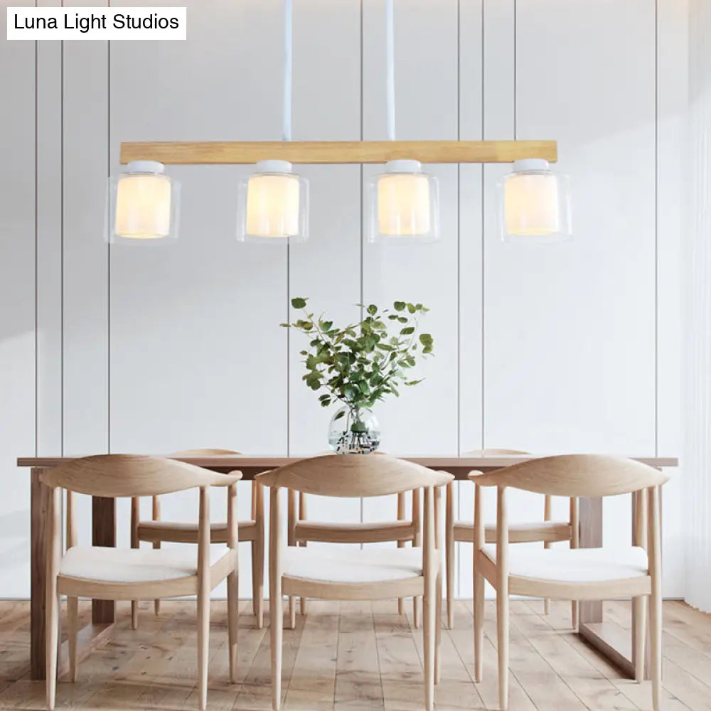 DecorBites™ Nordic Linear Wood Island Light with White Glass Shades - 3/4 Heads - Dining Room Hanging Lamp