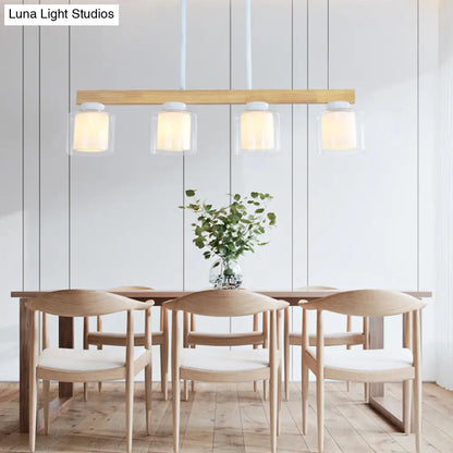 DecorBites™ Nordic Linear Wood Island Light with White Glass Shades - 3/4 Heads - Dining Room Hanging Lamp
